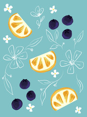seamless background with fruits and flowers suitable for paper wrap and product printing.