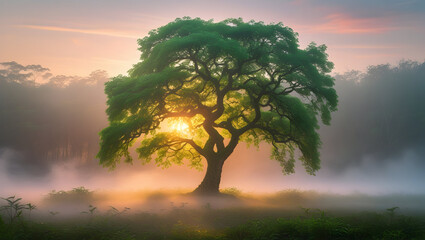 A majestic tree stands bathed in the morning sunlight
