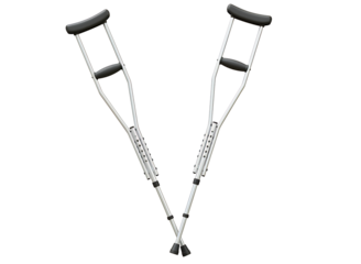 Pair of aluminum forearm crutches with wooden handles isolated on transparent background