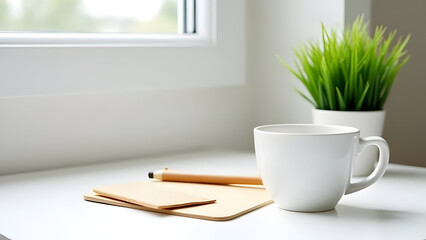White mug near plant and notepad on white surface near window