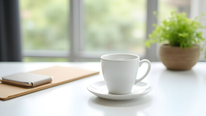 A white cup on a saucer with a phone and a plant