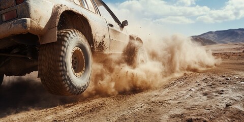 A dirt car navigates a muddy terrain, kicking up dust and mud in the process. The SUV is designed for off-road use, with wide tires and a rugged build.