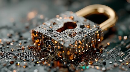 Cyber lock model with smooth surfaces floating on animated cyber security dashboard