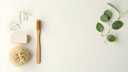 Still life of natural bathroom items and eucalyptus