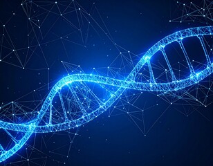 A glowing, blue, stylized DNA double helix structure is depicted against a dark blue background with interconnected lines and nodes.