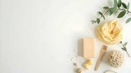 Still life of spa objects on a white surface layout