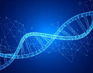 Digital rendering of a DNA double helix structure against a blue background with a network of interconnected lines and nodes.