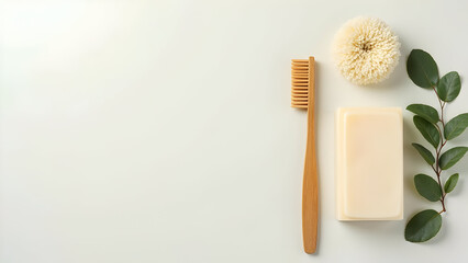 Eco friendly bathroom items on a white background flatlay