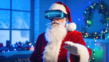Santa Claus in his red suit uses virtual reality gear with wonder, experiencing digital world in Christmas season, bringing joy and excitement