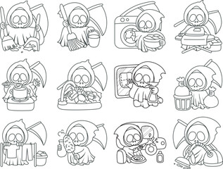 Illustration of cute skull ghost icon.
Funny skull ghost in activities stickers.
Angel of death cute elements.