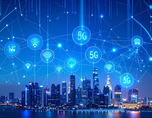 City skyline illuminated at night with 5G and WiFi symbols overlaid, representing modern communication technology and connectivity.