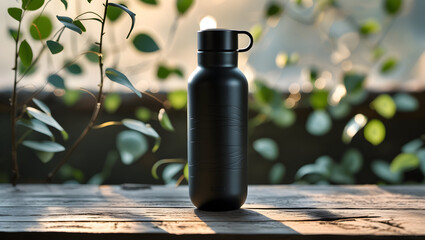 A black water bottle on a wooden surface with plants