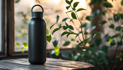 A black water bottle on a wooden table near greenery