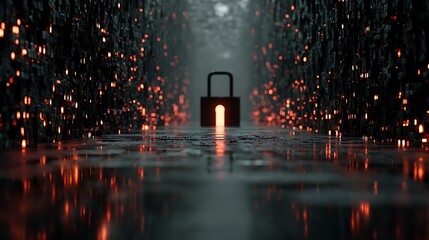 Futuristic padlock hovering in black void surrounded by streams of glowing binary digits
