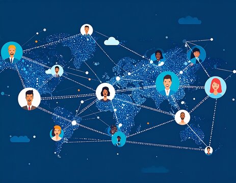 Global network illustration with diverse avatars connected by lines over a world map background, symbolizing communication and international connections.