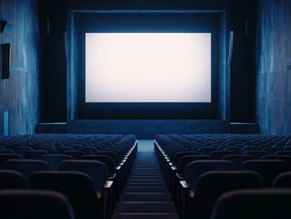 Fototapeta premium An empty theater with rows of vacant seats, ready for a movie screening. The darkened room and large screen await attendees for an immersive cinematic experience.
