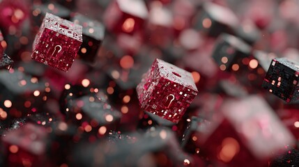 Horizontal cyber scene with floating lock and diagonal binary motion blur