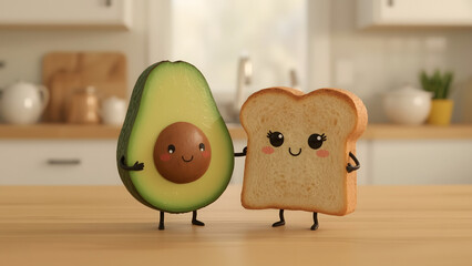 A cheerful avocado and toast couple embrace, celebrating the joy of companionship against the backdrop of a modern kitchen setting, exuding a sense of warmth and happiness.