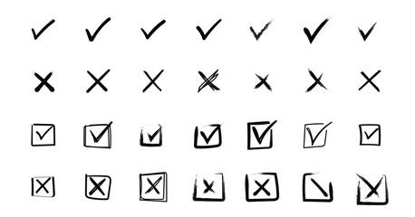 Cross box x check mark checkbox v list, hand drawn marker checklist