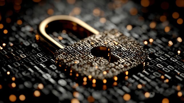 Clean 3D render of modern lock symbol in center of dynamic streaming binary digits