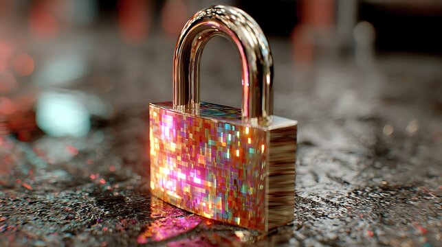 Neon lock hovering over pixelated screen with shifting binary colors and glitch patterns