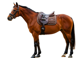 Brown horse with western saddle isolated on transparent background