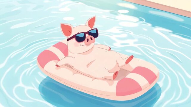 Funny pig relaxing in the pool on an swimming mattress on a warm summer day, cartoon vector style, travel and vacation concept