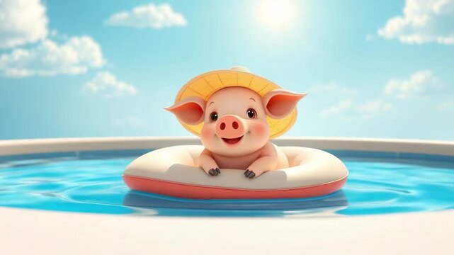 Funny pig relaxing in the pool on an swimming mattress on a warm summer day, cartoon vector style, travel and vacation concept