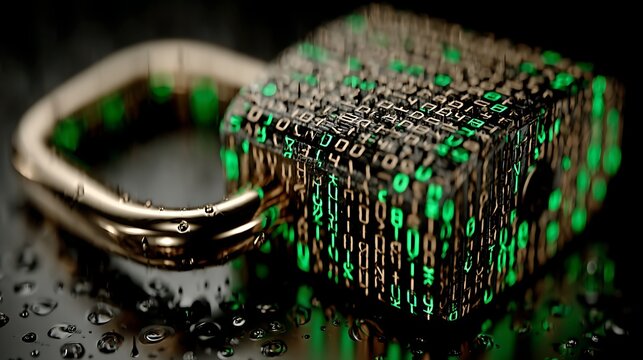 Futuristic metallic lock design with green binary patterns in cool cyber environment