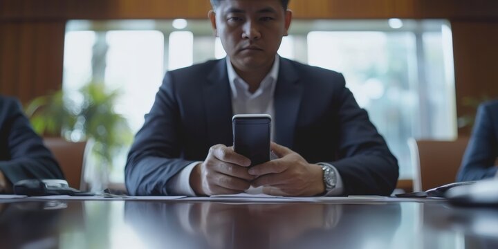 Asian man in suit looking at smartphone during meeting - Powered by Adobe