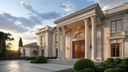 Obraz premium Elegant Classical Mansion with Grand Columns and Ornate Wooden Entrance at Sunset