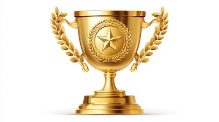 A gleaming gold trophy, featuring a star in a laurel wreath, with ornate handles & laurel accents