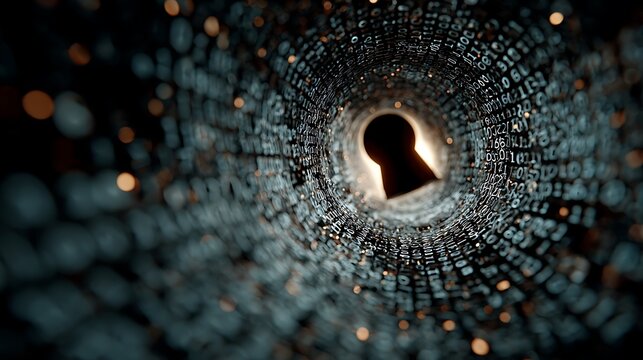Floating lock icon within a blue holographic tunnel filled with animated binary numbers