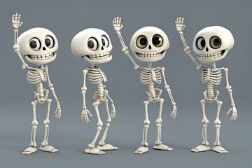 Four cartoon skeletons waving hello with friendly expressions