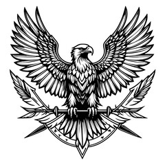 Obraz premium Majestic Eagle Emblem Illustration with Crossed Arrows and Shield Symbol of Freedom, Power, and American Heritage, Rendered in Classic Black and White