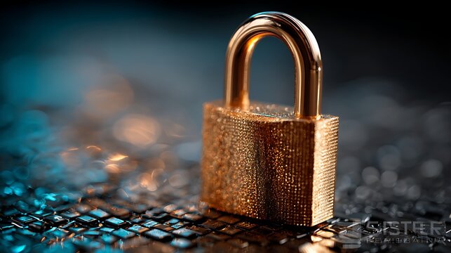 Strong golden padlock standing on virtual blue grid with crisp binary flow