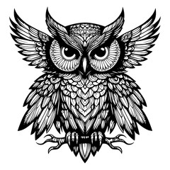 Obraz premium Intricate Detailed Owl Illustration Stunning Black and White Bird of Prey Artwork with Feathered Wings and Piercing Eyes Design