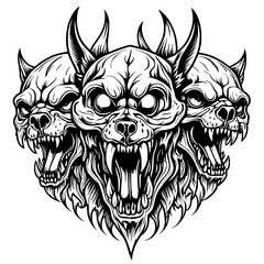 Obraz premium Intricate Black and White Illustration of a Mythical Three-Headed Hound with Sharp Fangs and Fiery Eyes, Depicting a Powerful Creature.