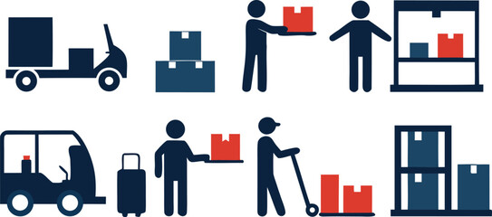 Naklejka premium Vector art of icons illustrating logistics and delivery services, including trucks, forklifts, and workers handling packages isolated on transparent background.