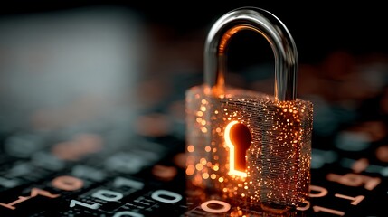 Holographic padlock icon glowing on a cyber dashboard filled with scrolling binary numbers
