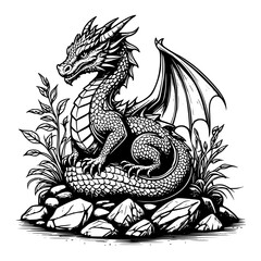 Obraz premium A majestic fantasy dragon with intricate scales and powerful wings, regally sitting on a pile of rocks. Detailed black and white line art illustration of a powerful mythical creature.