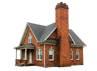 Classic brick house with tall chimney isolated on transparent background