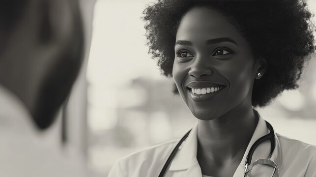 Friendly black female doctor in white coat with stethoscope around neck, posing for health care service promotion.