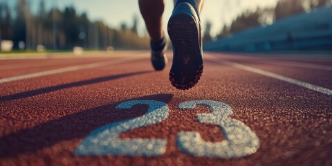 A man running on a track at the start of a marathon, with a focus on his number tagged to his shorts.