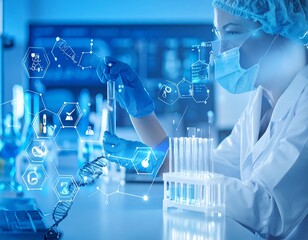 A scientist in a lab coat and mask examines a test tube with glowing scientific icons overlaying the scene, suggesting research.