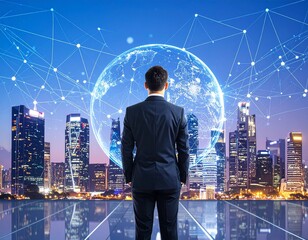 Obraz premium Businessman in suit looking at futuristic cityscape with global network connections, representing technology and international business.