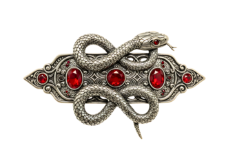 Antique silver snake brooch with red gemstones isolated on transparent background