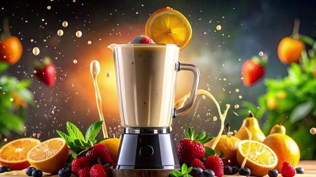 A dynamic close-up of a smoothie blender spilling vibrant fruit blend as the lid flies off, with dramatic lighting capturing the energetic splash and colorful smoothie droplets in mid-air