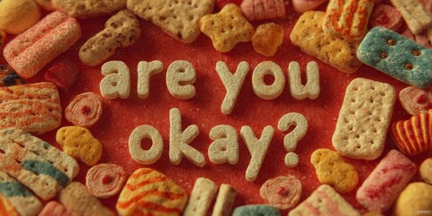Alphabet-shaped cereal spells "are you okay?" surrounded by colorful, variously shaped breakfast cereals on a red background.