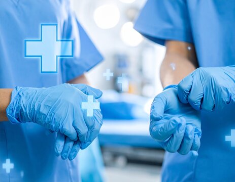 Two healthcare workers in blue scrubs and gloves stand in a hospital setting, with digital plus signs overlayed, representing health and medical care. - Powered by Adobe